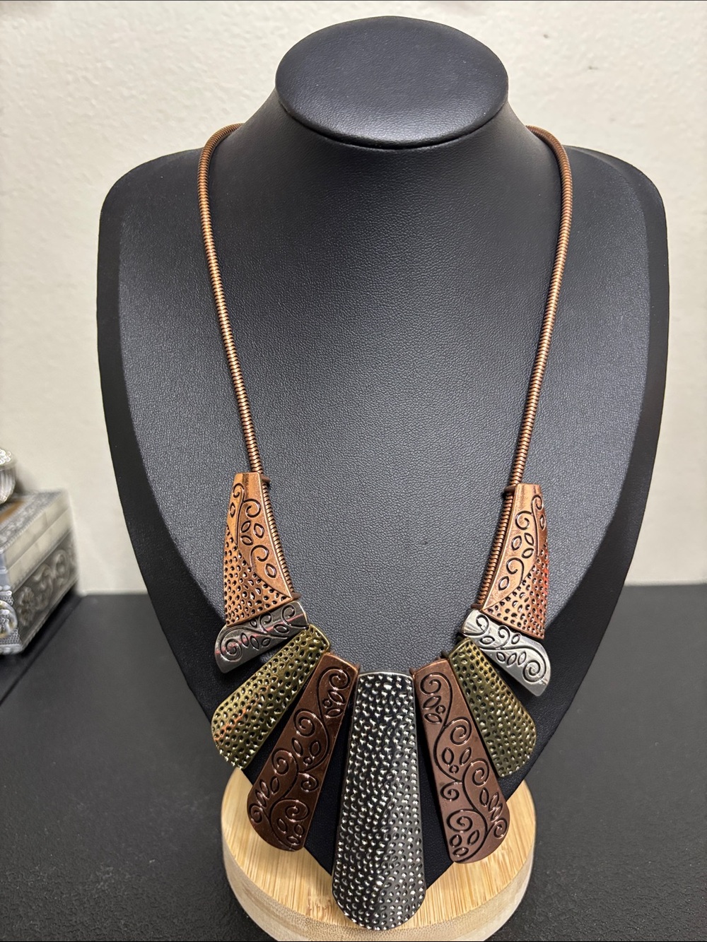Statement Mixed-Metal Teardrop Bib Necklace - Copper, Antique Gold & Gunmetal
